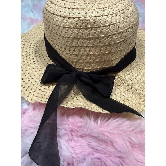 Straw Wide Brim Sun Hat Black Ribbon Bow Natural One Size - Picture 5 of 9